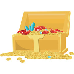 A Digital Treasure Chest Overflowing with Gold Coins Sparkling Red and Blue Gemstones Against a Clean Transparent Background Vibrant Pixel Art Style