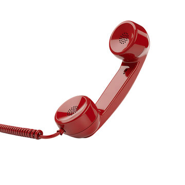 A bright red telephone receiver with a coiled cord is isolated on transparent background, evoking a sense of retro communication and classic design 
