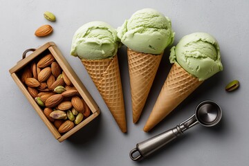 Aerial perspective of pistachio almond ice cream cones with peanut-filled wooden box on light gray backdrop, including metal scoop and bamboo spoons, suitable for culinary websites and recipes.