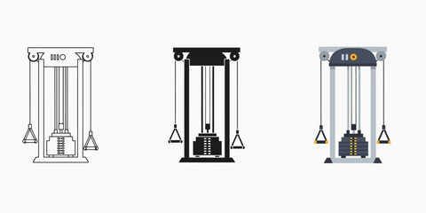 Cable crossover machine inThree styles vector set line art, silhouette and color version