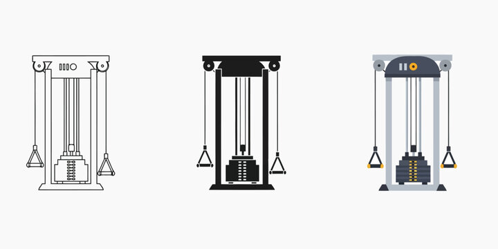 Cable crossover machine inThree styles vector set line art, silhouette and color version
