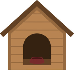 Classic wooden dog house kennel with red bowl isolated illustration.