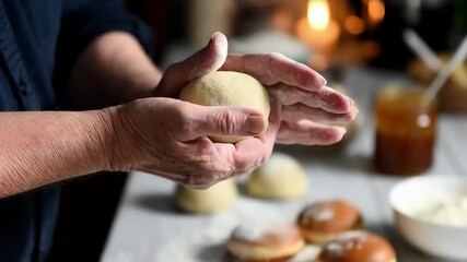 Close-up of experienced hands forming dough balls for homemade donuts representing baking tradition concept and cozy home cooking