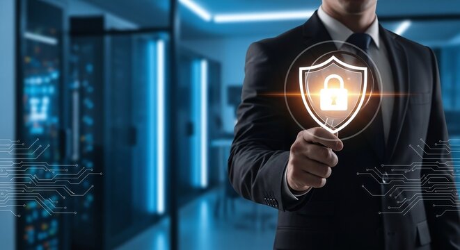 A businessman in a suit is securing data in a server room with a digital shield and padlock, ensuring network security and protection from cyber threats