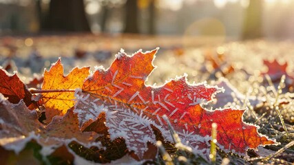 A close-up shows frost crystals adorning fallen orange leaves in the grass, backlit by warm sunshine - Powered by Adobe