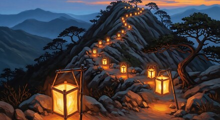 Glowing Lanterns Illuminate a Serene Mountain Path at Twilight.