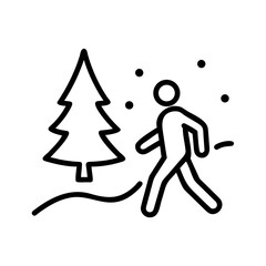 A minimalist icon depicts a person walking in a snowy landscape with a pine tree, representing winter activities and outdoor recreation isolated on