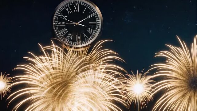 A night sky scene features a clock, fireworks, and stars, celebrating a special event