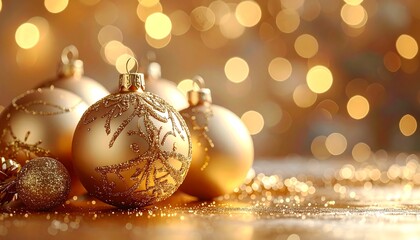 Golden Christmas ornaments rest on a glittery surface with sparkling bokeh lights in the background, creating a festive mood