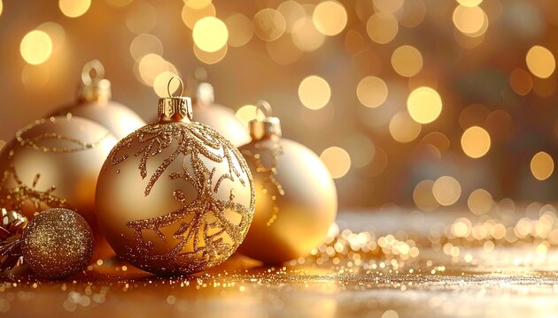 Golden Christmas ornaments rest on a glittery surface with sparkling bokeh lights in the background, creating a festive mood