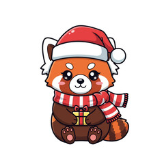 Cute Red Panda Wearing Santa Hat and Scarf Holding a Christmas Gift.