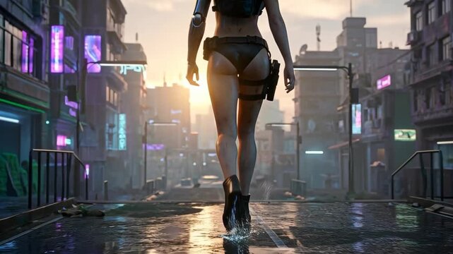 Back view of cyborg woman walking away in neon city sunset street