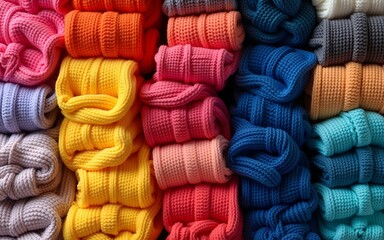 Colorful pile of sweaters showcasing upcycled clothing transformed into new fashion pieces. High quality