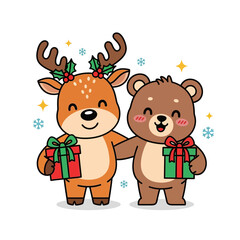 Cute cartoon reindeer and bear holding Christmas presents together.