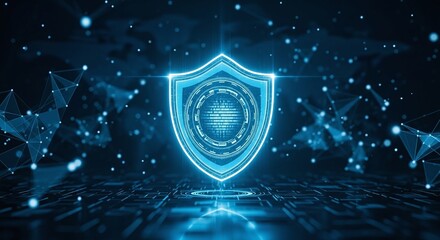 Futuristic glowing shield protecting data on a dark blue background, symbolizing cybersecurity and data protection in the digital age with abstract network connections