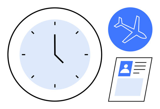 Time management concept. Clock, airplane icon, and ID document linked to planning and organization. Time management for efficient travel, meeting deadlines, and personal organization. Suitable