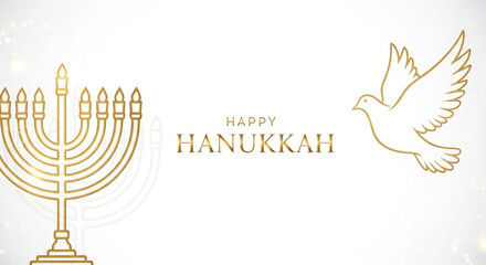 Happy Hanukkah greeting card with golden outline menorah and dove. Jewish Festival of Lights holiday banner