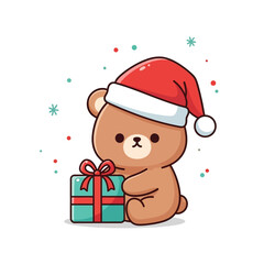 Adorable Cartoon Bear with Santa Hat Holding Christmas Gift.
