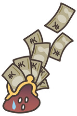 お財布からたくさんのお金が飛んで出ていくイラスト。