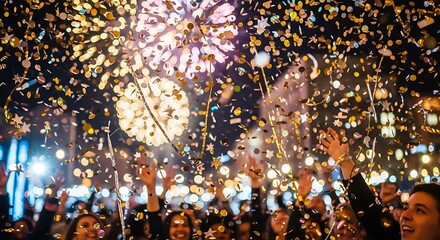 A joyful crowd celebrates a vibrant festival with fireworks and falling confetti at night.