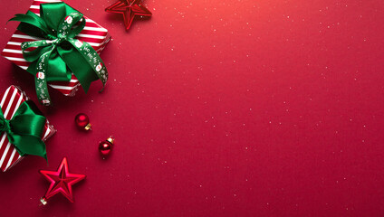 Merry Christmas and Happy Holidays greeting card, frame, banner. New Year. Red Christmas ornaments...