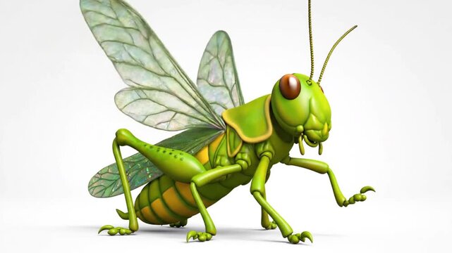 Isolated cartoon grasshopper with open wings, showing wing shape and structure for educational use in early learning content.