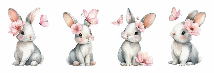 Watercolor set of cute rabbits with butterflies and flowers. Fluffy white rabbits with pink butterflies. Cute illustration for children's designs, spring and Easter. Romantic spring characters. © Narin