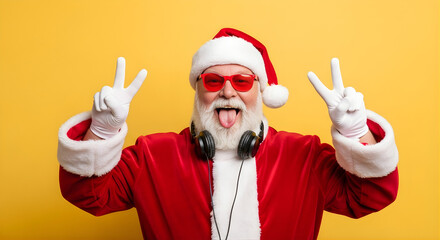 Santa Claus, wearing red sunglasses and headphones, makes peace signs with both hands and sticks out his tongue, all against a bright yellow background.