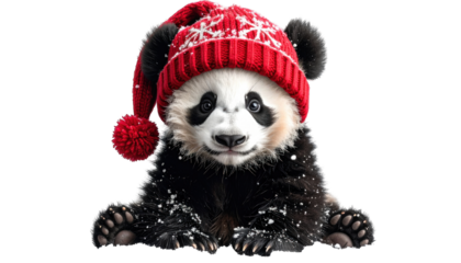 Adorable panda wearing a red beanie with white snowflakes, surrounded by snow