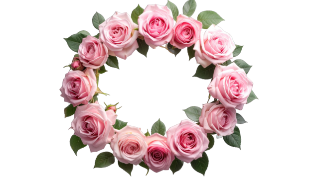 A ring of pink roses and leaves forms a floral wreath on a transparent background