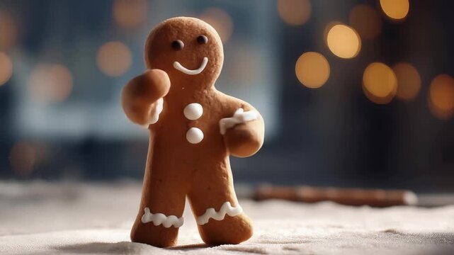 A gingerbread man cookie magically coming to life and dancing joyfully on a flour-dusted surface.