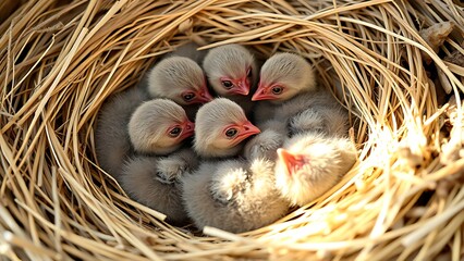 hatchlings. Newborn hatchlings nestled together in a nest with soft downy feathers. wildlife magazines, conservation campaigns, designed for wildlife conservation campaigns, celebrates biodiversity.