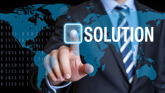 Man in suit points to the solution button over a world map with binary code overlaying it all