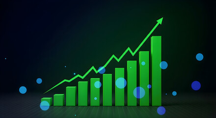 A 3D bar chart with green bars shows an upward trend, indicated by a jagged green line and an arrow, against a dark background with blue glowing orbs.
