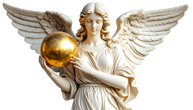 Stone angel figure with large wings holding a golden orb, against a black background - Powered by Adobe