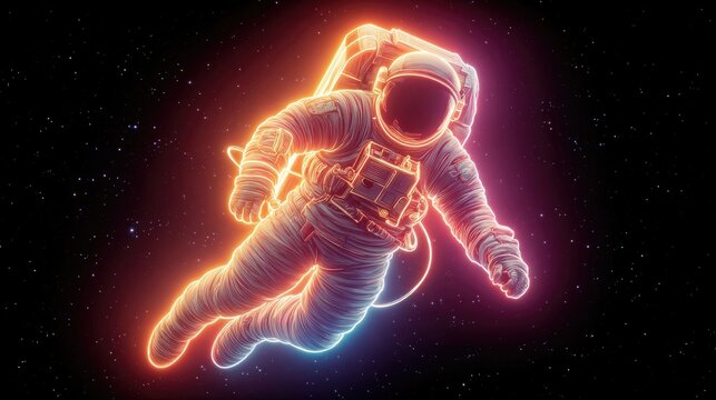 Neon astronaut floating glowing with suit outlines and stars, stylized space exploration scene in vibrant neon for sci-fi and digital artwork