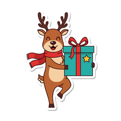 Festive reindeer joyfully holding a vibrant Christmas gift box with a star.