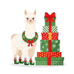 Festive Llama with Christmas Gifts and Holiday Decorations.