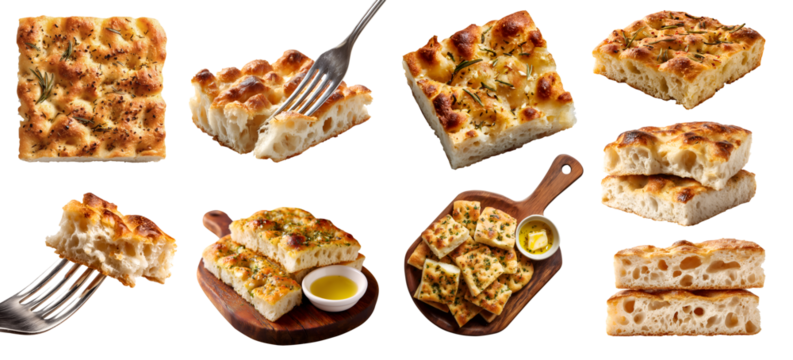 Set of Focaccia classic Italian bun bread flat, flatbread leavened oven-baked, pile stack group bitten broken, on fork, wooden serving board with butter olive oil, transparent cutout PNG. Many Mockup - Powered by Adobe