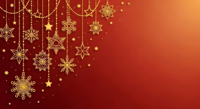 Golden snowflakes and stars hanging on chains against a festive red background with a warm glow, creating an elegant holiday design.