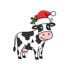 Festive Cow with Santa Hat and Holly Decoration for Christmas.