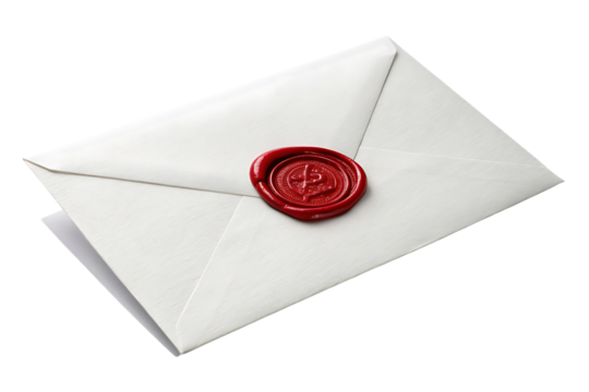 Envelope, white with red wax seal and embossed symbol, cutout, PNG isolated on white or transparent background