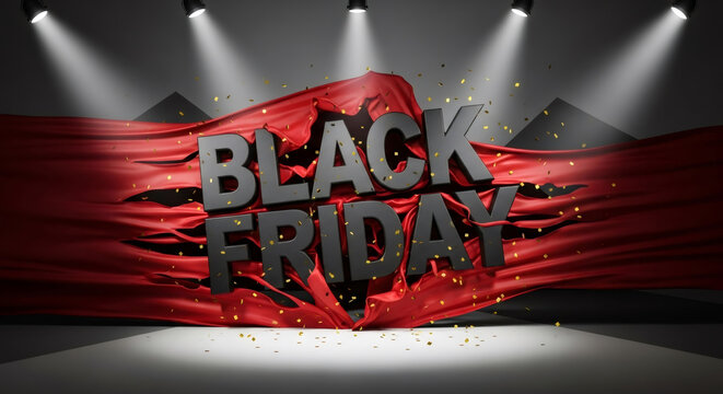 Black Friday text with red fabric and falling golden confetti. Sale banner for discount season, special offer,