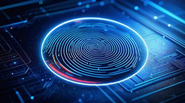 Digital Sentinel: A close-up shot of a glowing fingerprint on a circuit board, symbolizing biometric security and the cutting edge of digital protection.