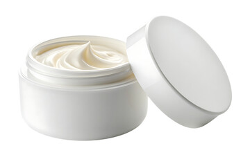 Jar, open white with creamy white cosmetic product and detached lid, cutout, PNG isolated on white or transparent background