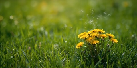 Yellow dandelions in grass, suitable for background design with natural textures