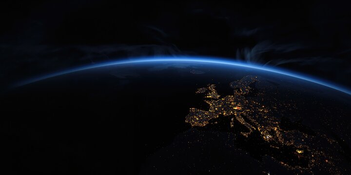 Europe at night viewed from space with city lights showing human activity, urban density analysis
