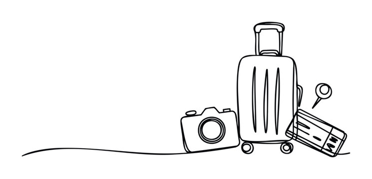 A continuous single line drawing featuring travel essentials like a suitcase, camera, and passport, symbolizing journey preparation and adventure for travel agencies and tourism marketing.