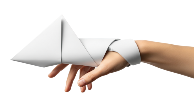 Close-up of a human hand holding a neatly folded white paper napkin against a clean white background, showcasing precise folding technique.