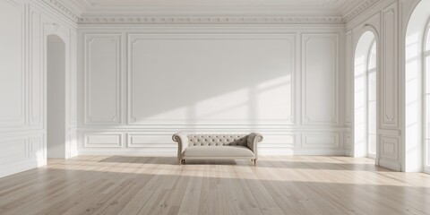 Exhibition hall with classic white interior and capitone upholstery sofa, emphasizing interior design details, no specific event